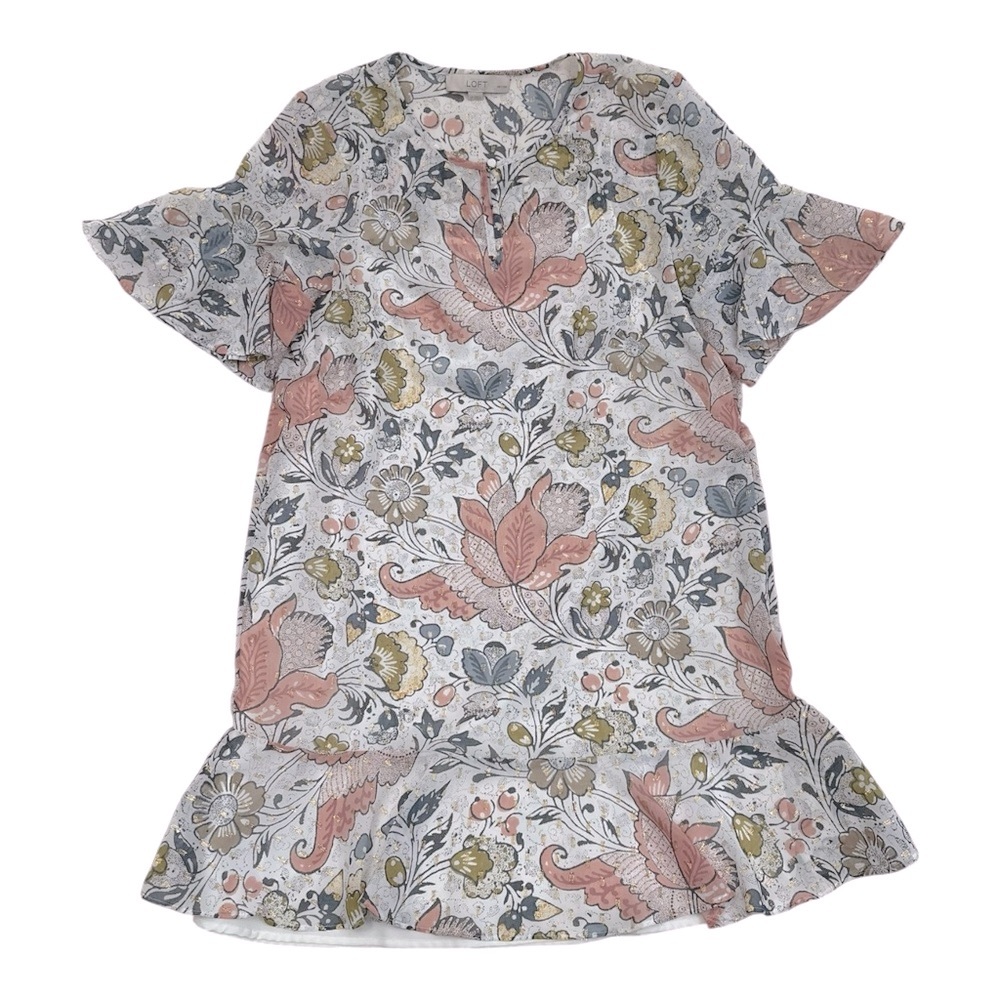 LOFT Petites Whie Floral Patterned Shift Dress Ruffle Hem - Size Large